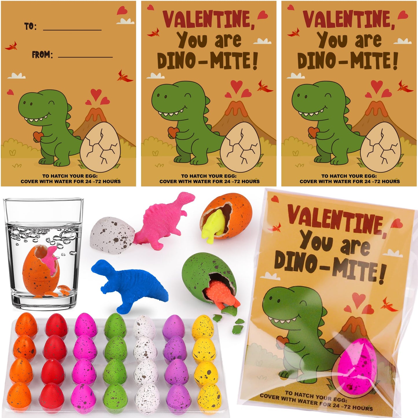 Huyamap 28-Pack Valentine’s Day Gifts for Kids: Dinosaur Egg Hatch Toys with Cards & Party Favors