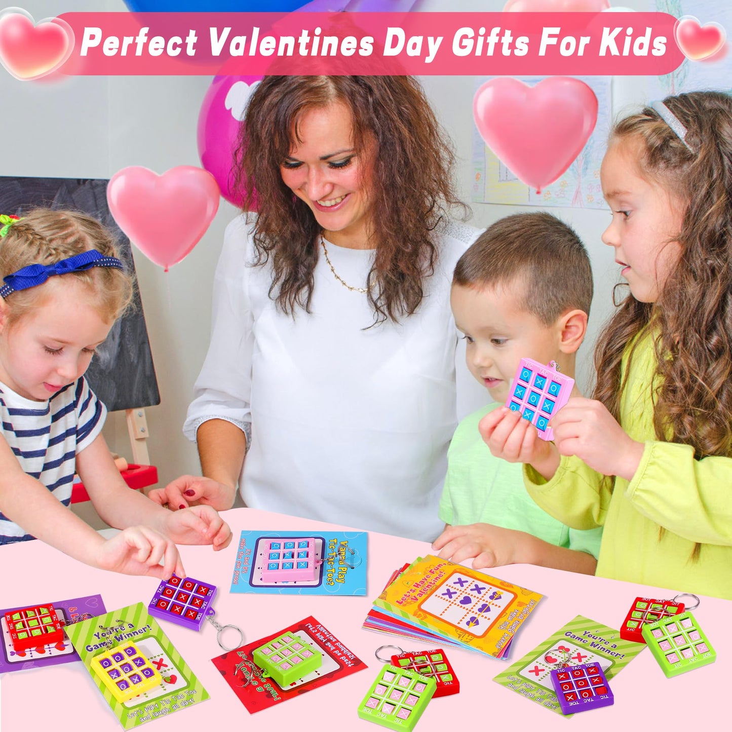 24 Pack Valentines Day Gifts for Kids – Tic Tac Toe Keychains & Cards | Huyamap