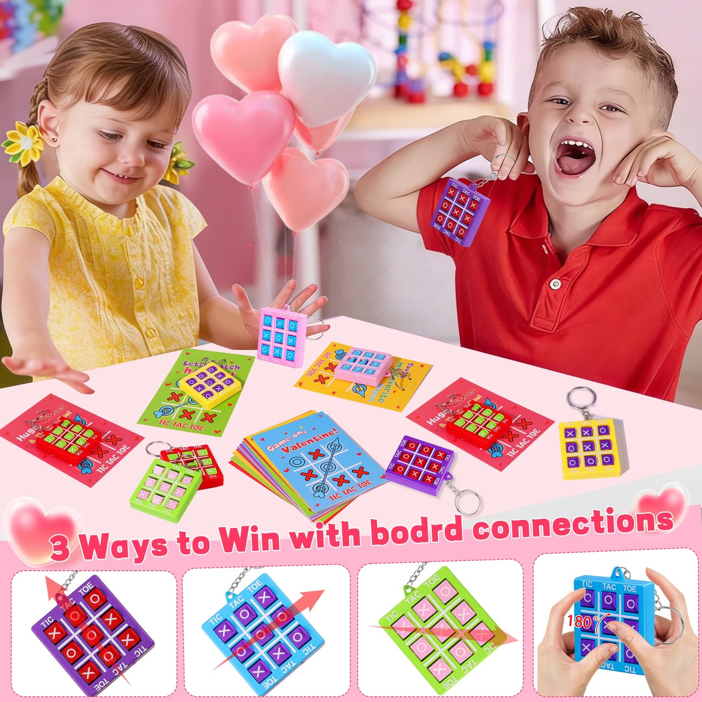 Huyamap 24-Pack Valentines Day Tic Tac Toe Keychains & Cards for Kids
