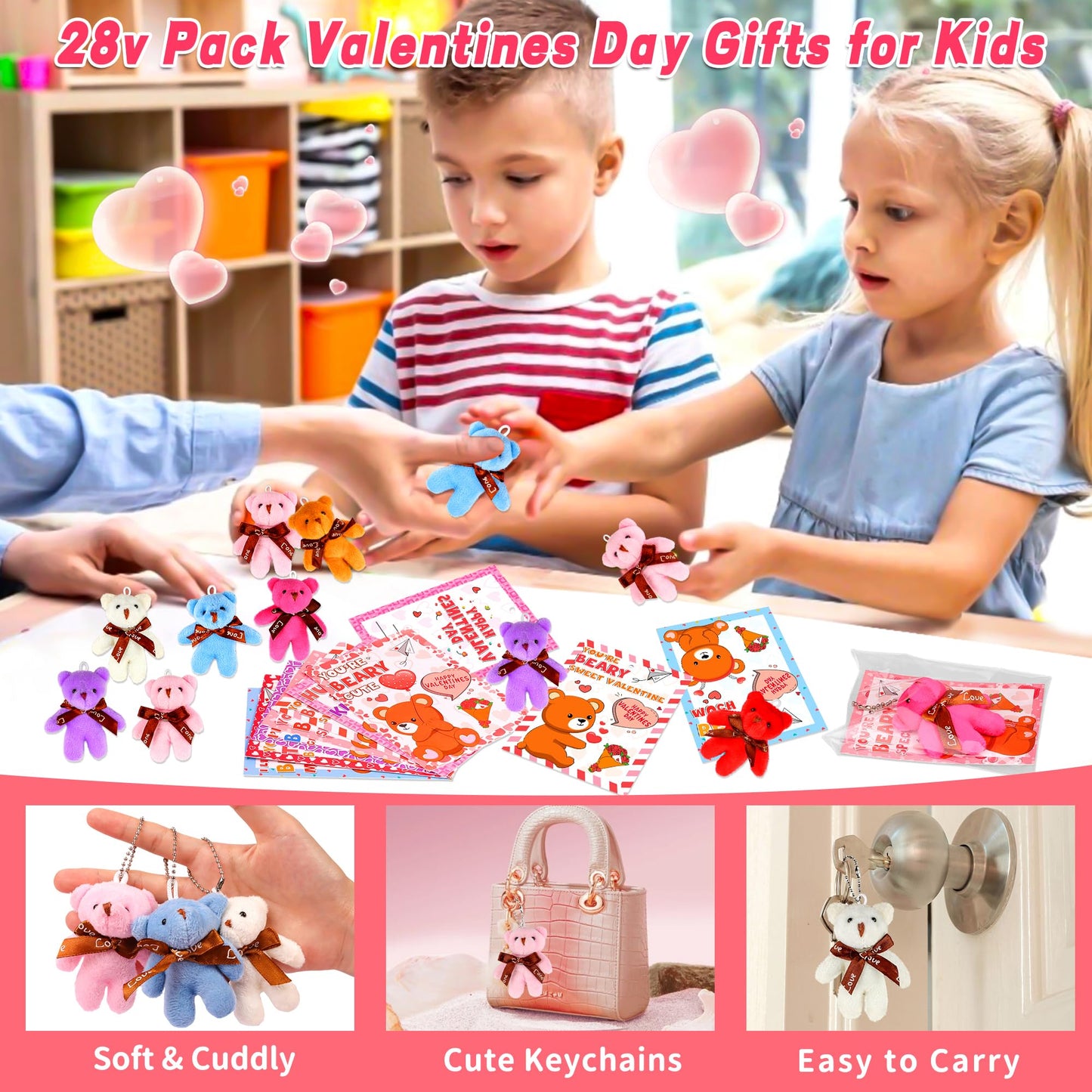Huyamap 28-Pack Valentines Day Classroom Gifts – Bear Card & Plush Keychain Set