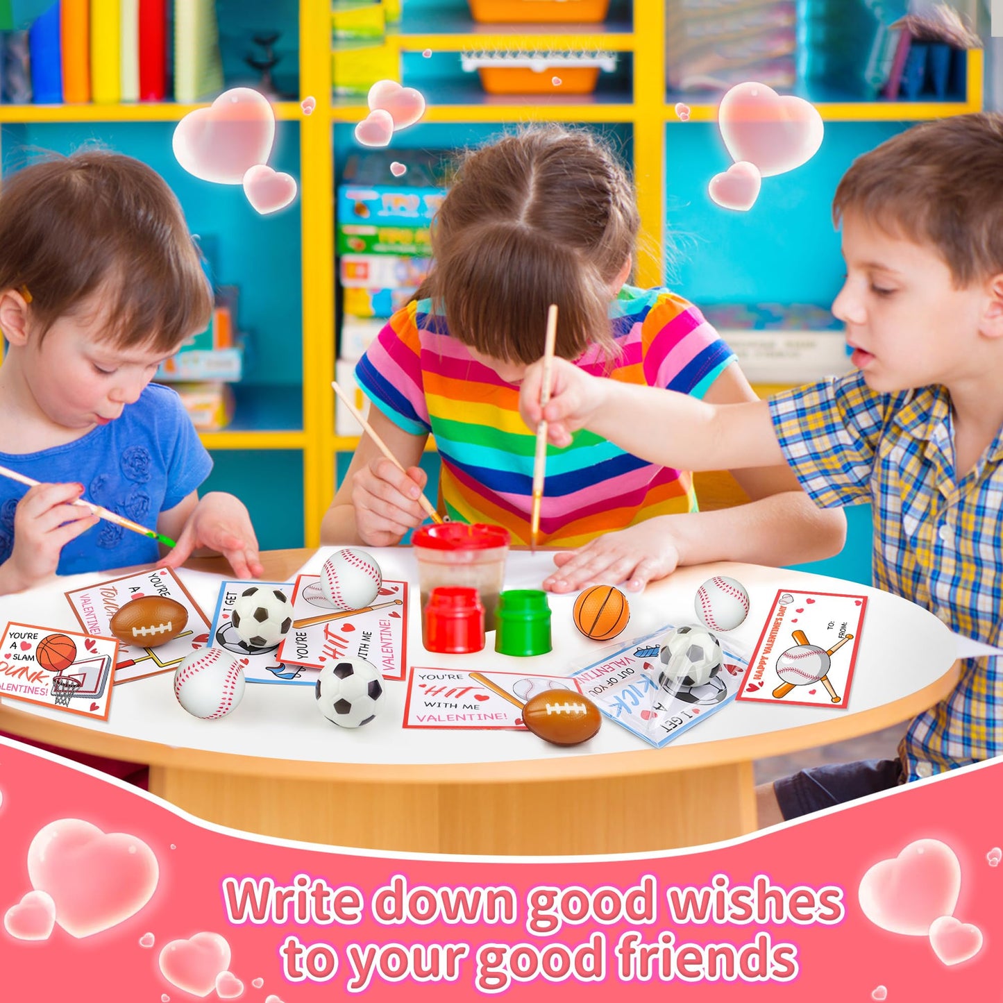 Huyamap 28-Pack Kids Valentine Cards & Sports Ball Stress Relief Toys | Classroom Gifts