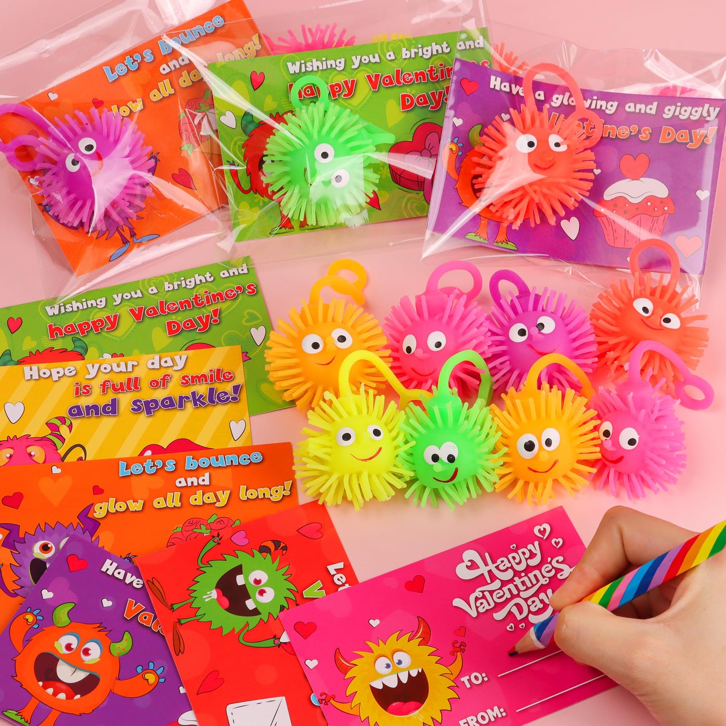 Huyamap 24-Pack Valentines LED Puffer Balls + Cards & Gift Bags | Classroom Gifts