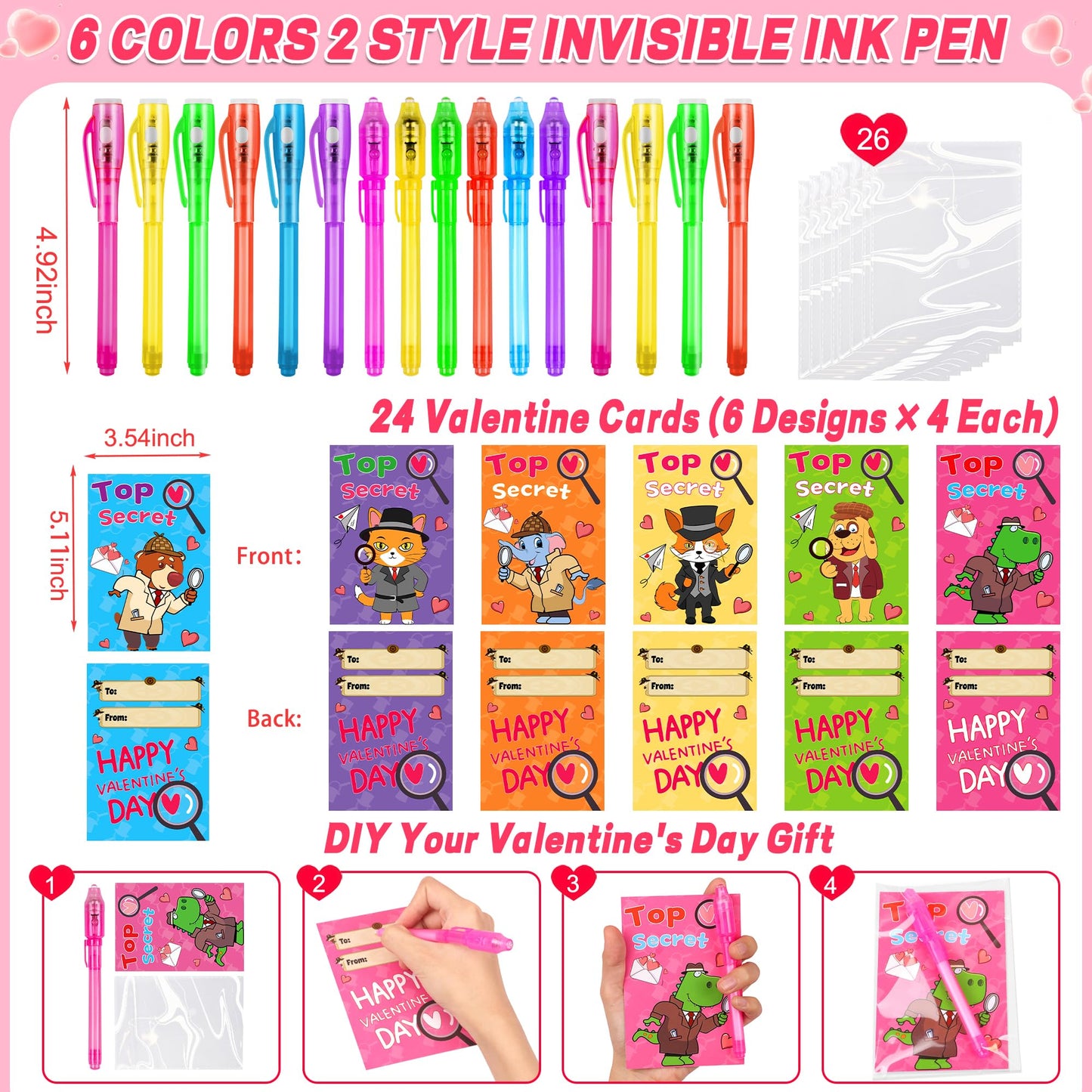Huyamap 24-Pack Valentines Day Kids Classroom Gift Set | LED Invisible Ink Pens, Animal Detective Cards & Gift Bags