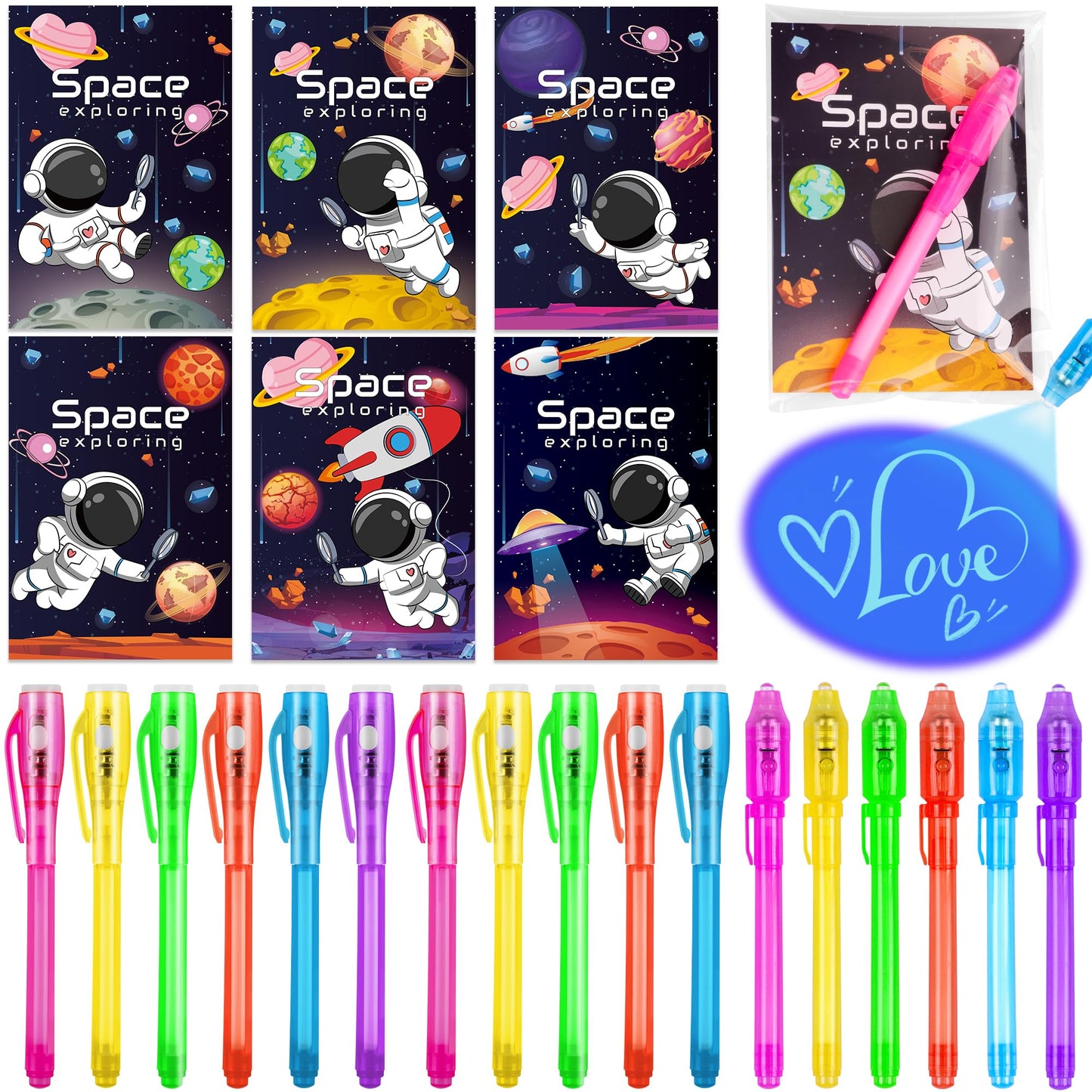 Huyamap 24 Pack Valentines Day Gifts for Kids – LED Invisible Ink Pens & Galaxy Cards