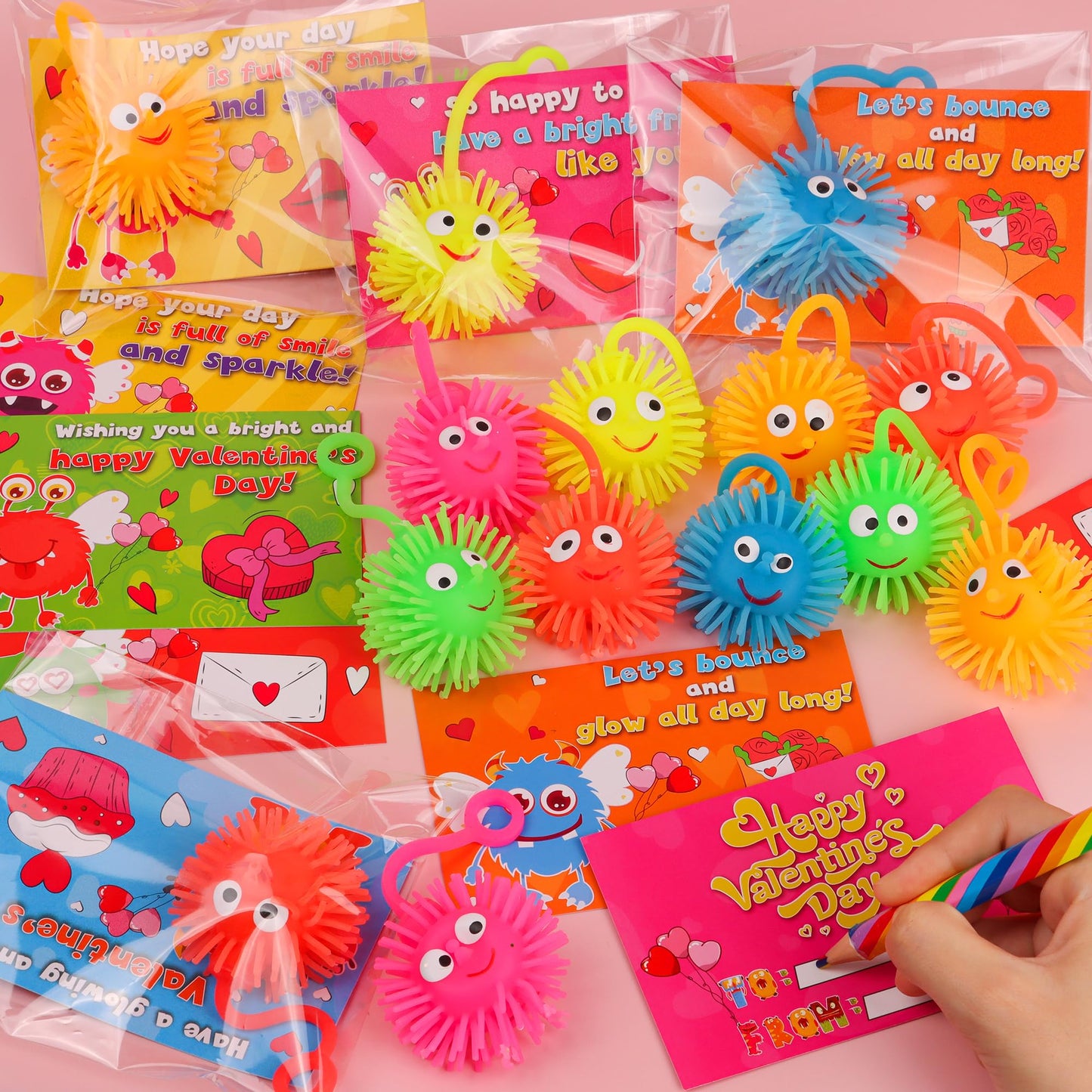 Huyamap 24-Pack LED Puffer Balls with Valentine Cards – Classroom Gifts & Party Favors