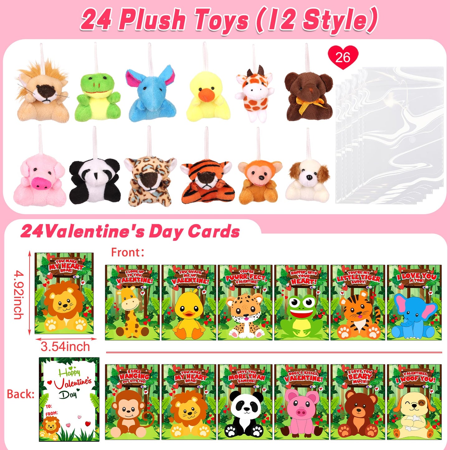 Huyamap 24-Pack Valentine Plush Toys with Cards for Kids Classroom Gifts