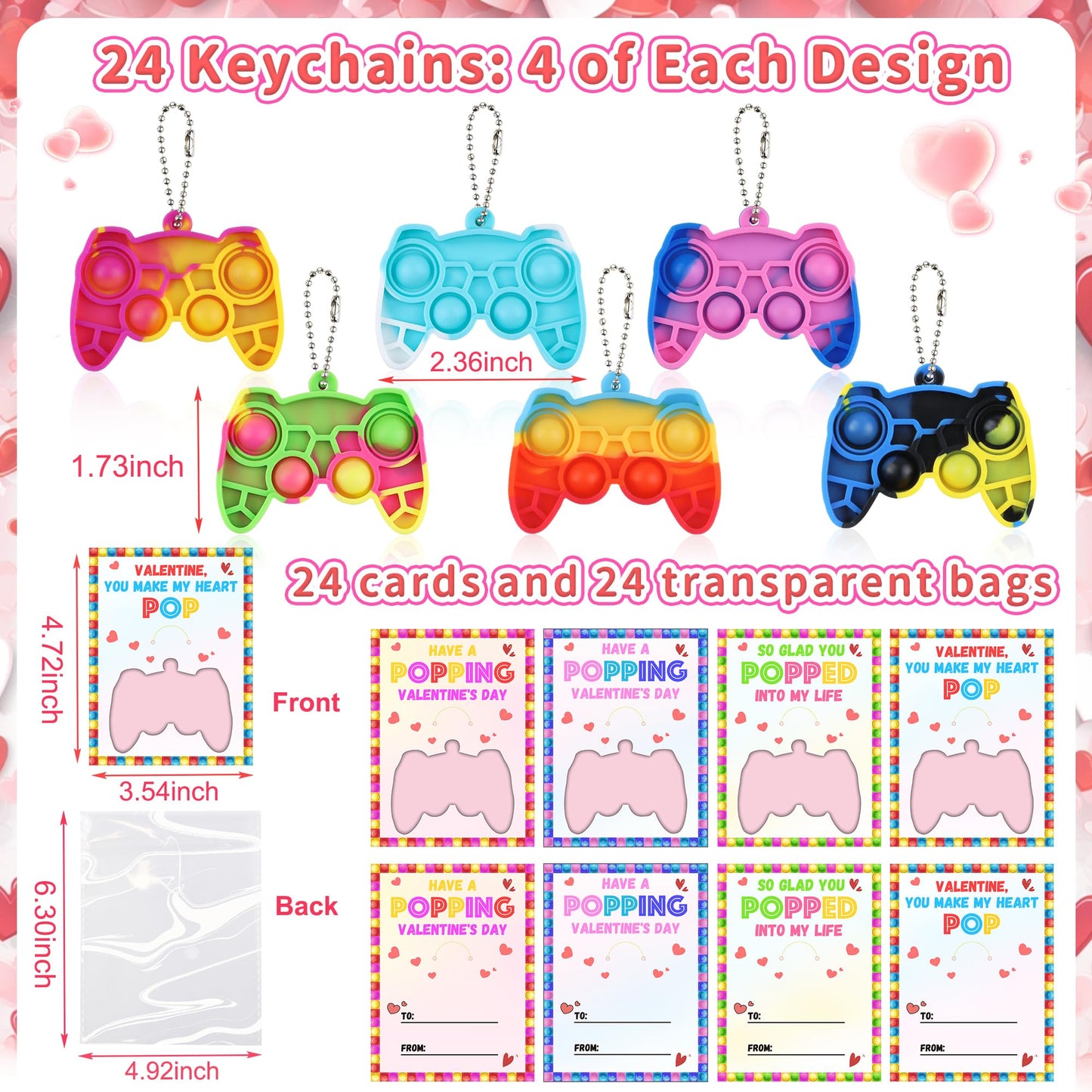 Huyamap 24-Pack Kids Valentines Day Cards with Mini Pop Fidget Keychains – Classroom Gifts