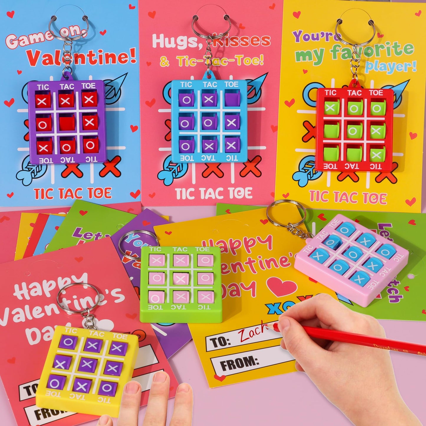 Huyamap 24-Pack Valentines Day Tic Tac Toe Keychains & Cards for Kids