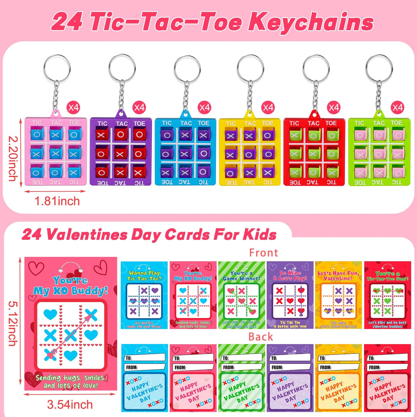 24 Pack Valentines Day Gifts for Kids – Tic Tac Toe Keychains & Cards | Huyamap