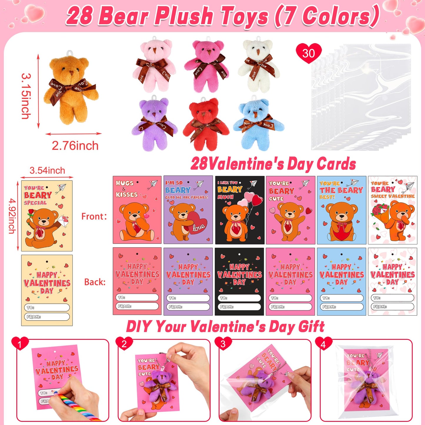28-Pack Valentines Day Cards with Plush Bear Keychains | Huyamap Classroom Gift Set