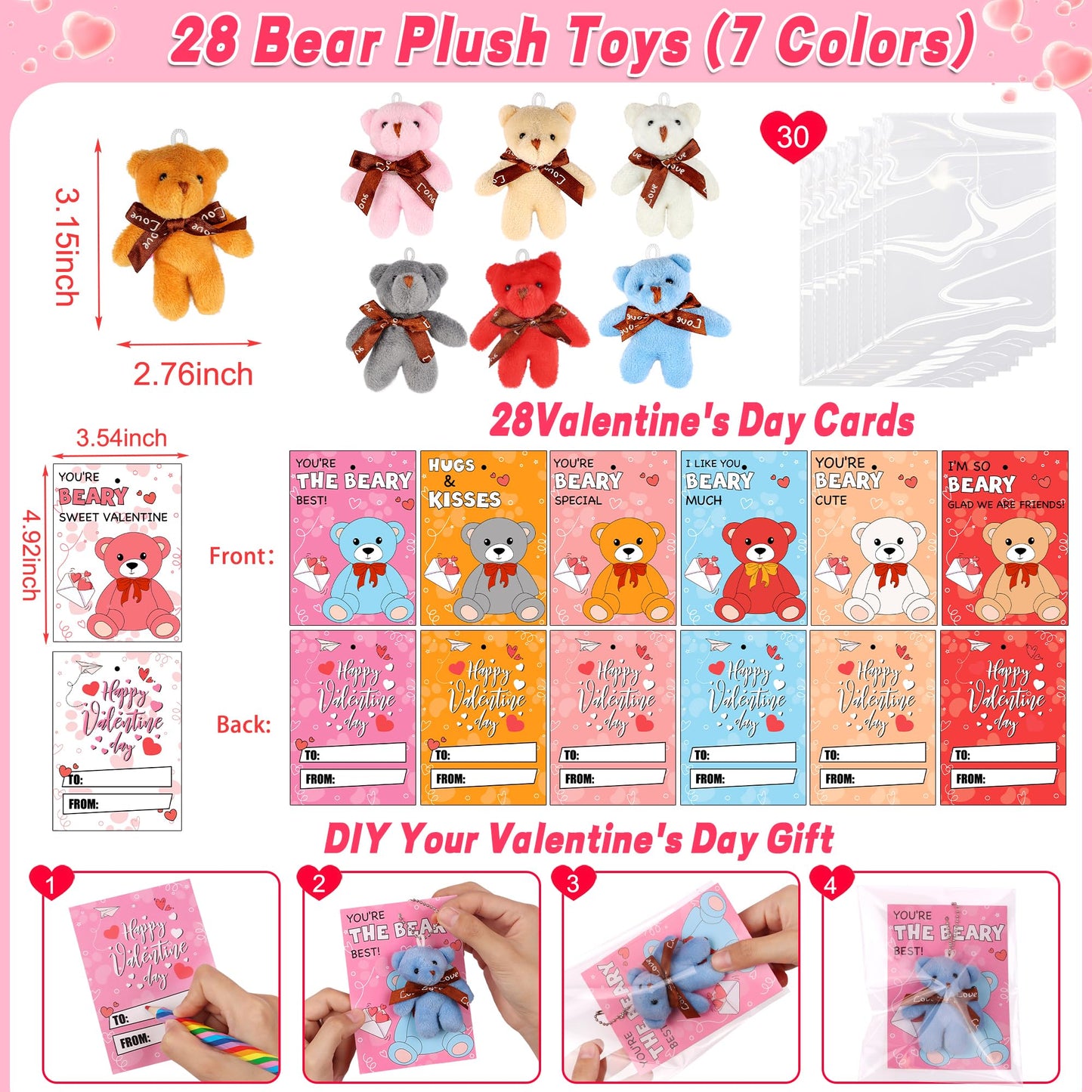 Huyamap 28-Pack Valentine Gifts for Kids | Plush Bear Keychains & Classroom Cards