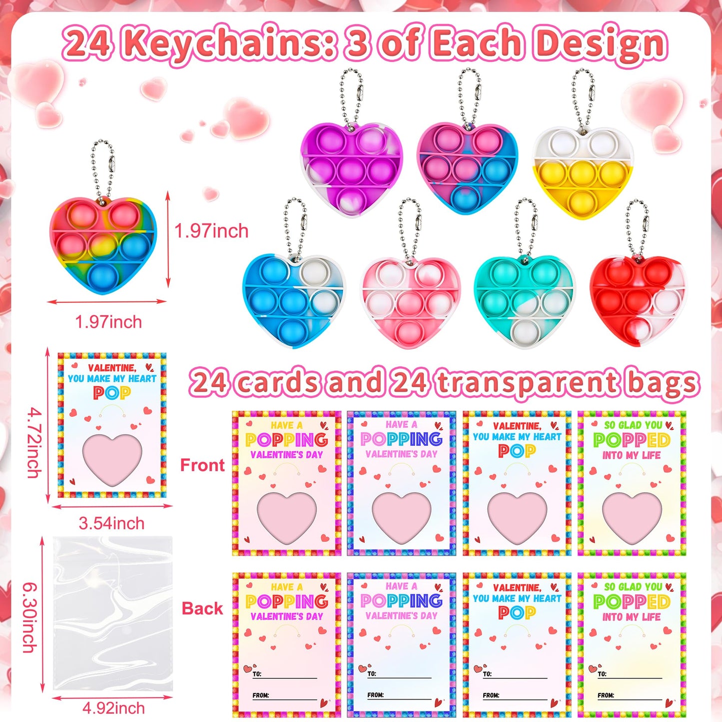 Huyamap 24-Pack Kids Valentines Day Cards with Mini Pop Fidget Keychains