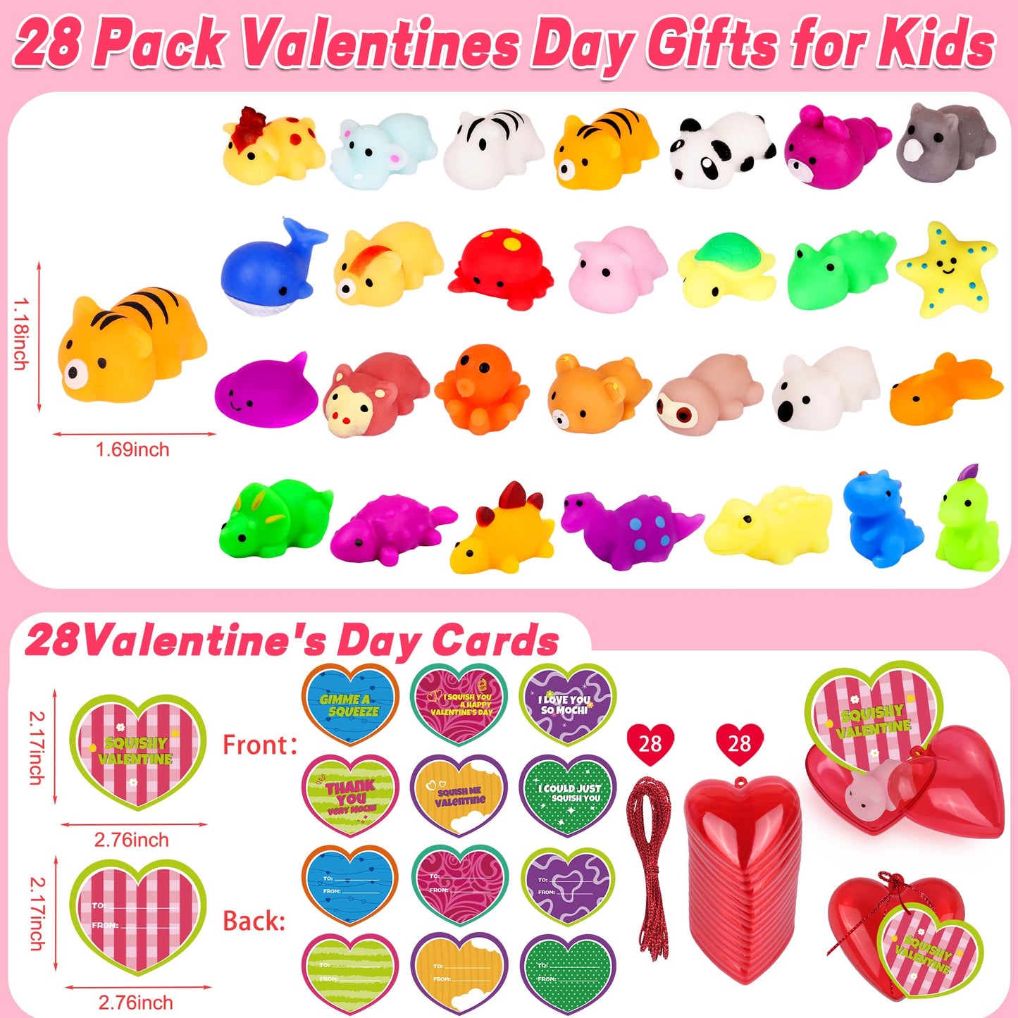 Huyamap 28-Pack Valentines Gifts for Kids – Mochi Squishies, Heart Cards & Classroom Favors