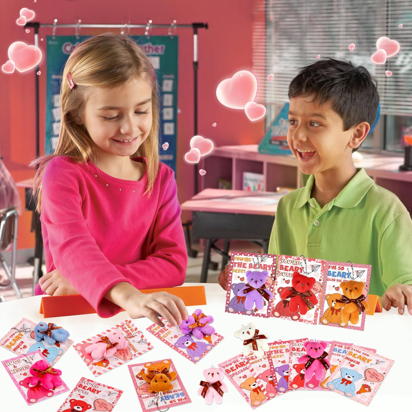 Huyamap 28-Pack Valentine’s Day Gifts for Kids - Plush Bear Keychains & Cards for Classroom Exchanges