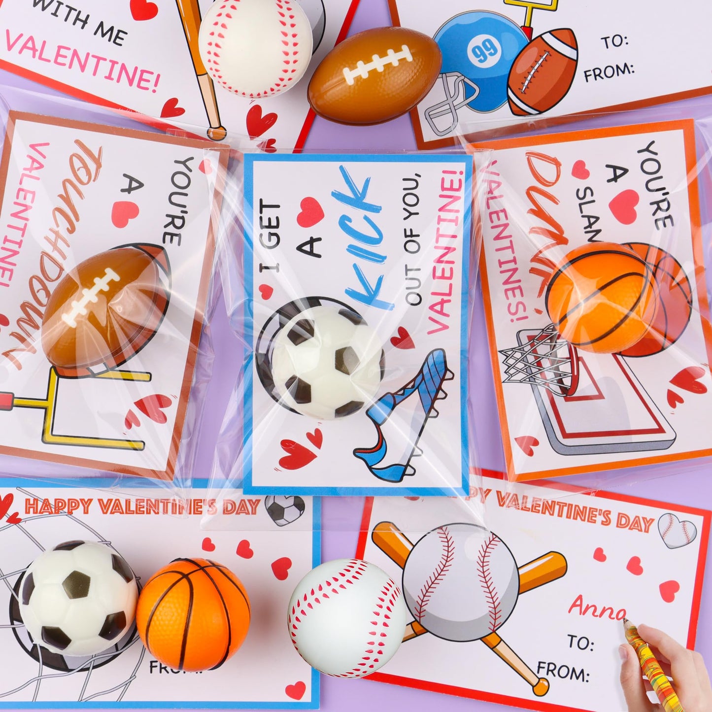 Huyamap 28-Pack Kids Valentine Cards & Sports Ball Stress Relief Toys | Classroom Gifts