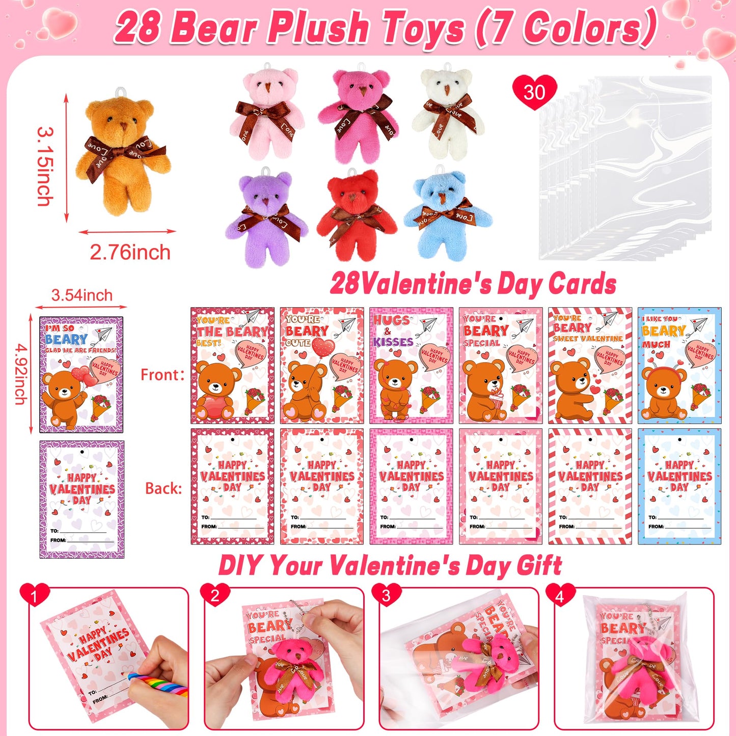 Huyamap 28-Pack Valentines Day Classroom Gifts – Bear Card & Plush Keychain Set