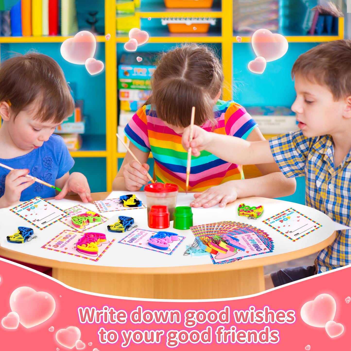 Huyamap 24-Pack Kids Valentines Day Cards with Mini Pop Fidget Keychains – Classroom Gifts