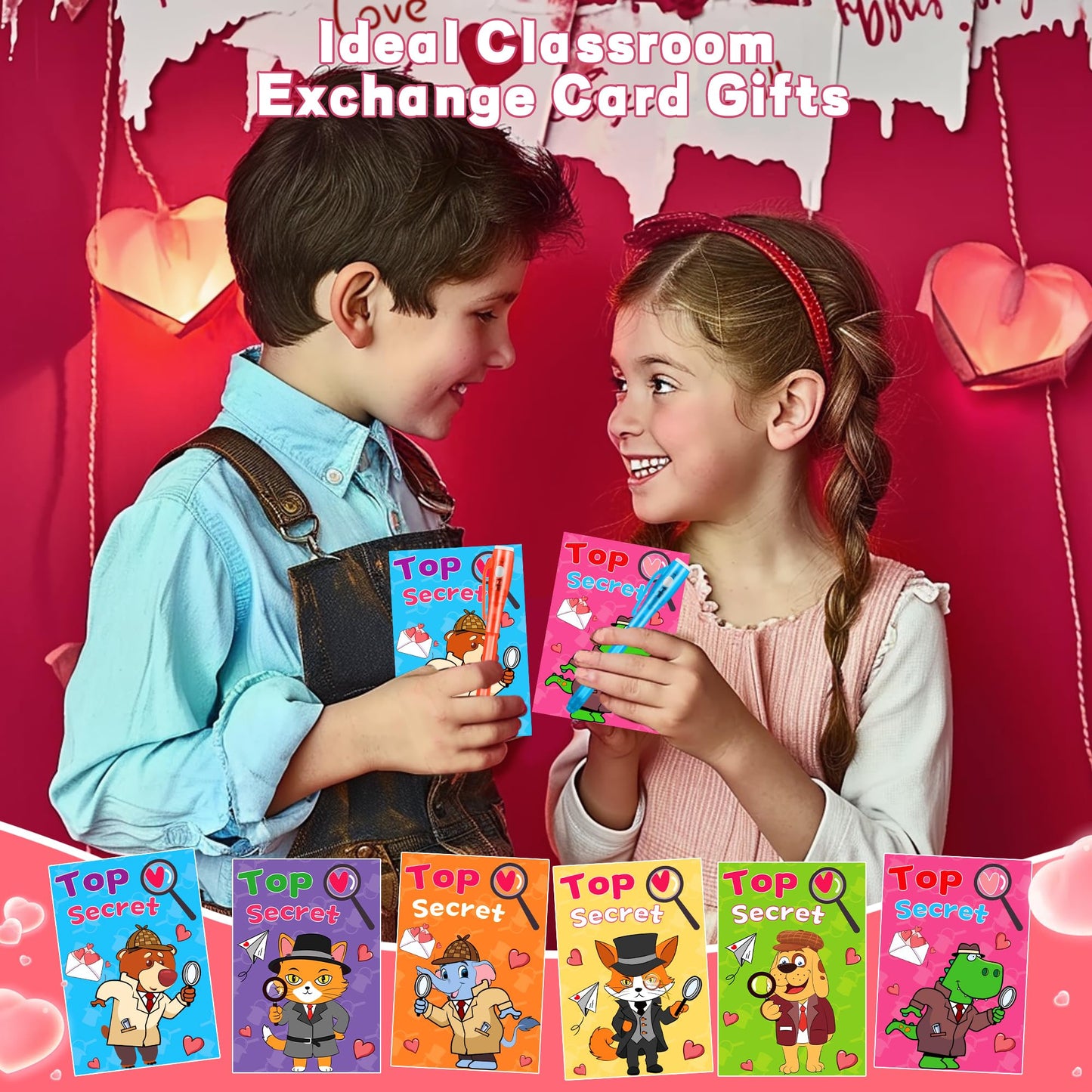 Huyamap 24-Pack Valentines Day Kids Classroom Gift Set | LED Invisible Ink Pens, Animal Detective Cards & Gift Bags