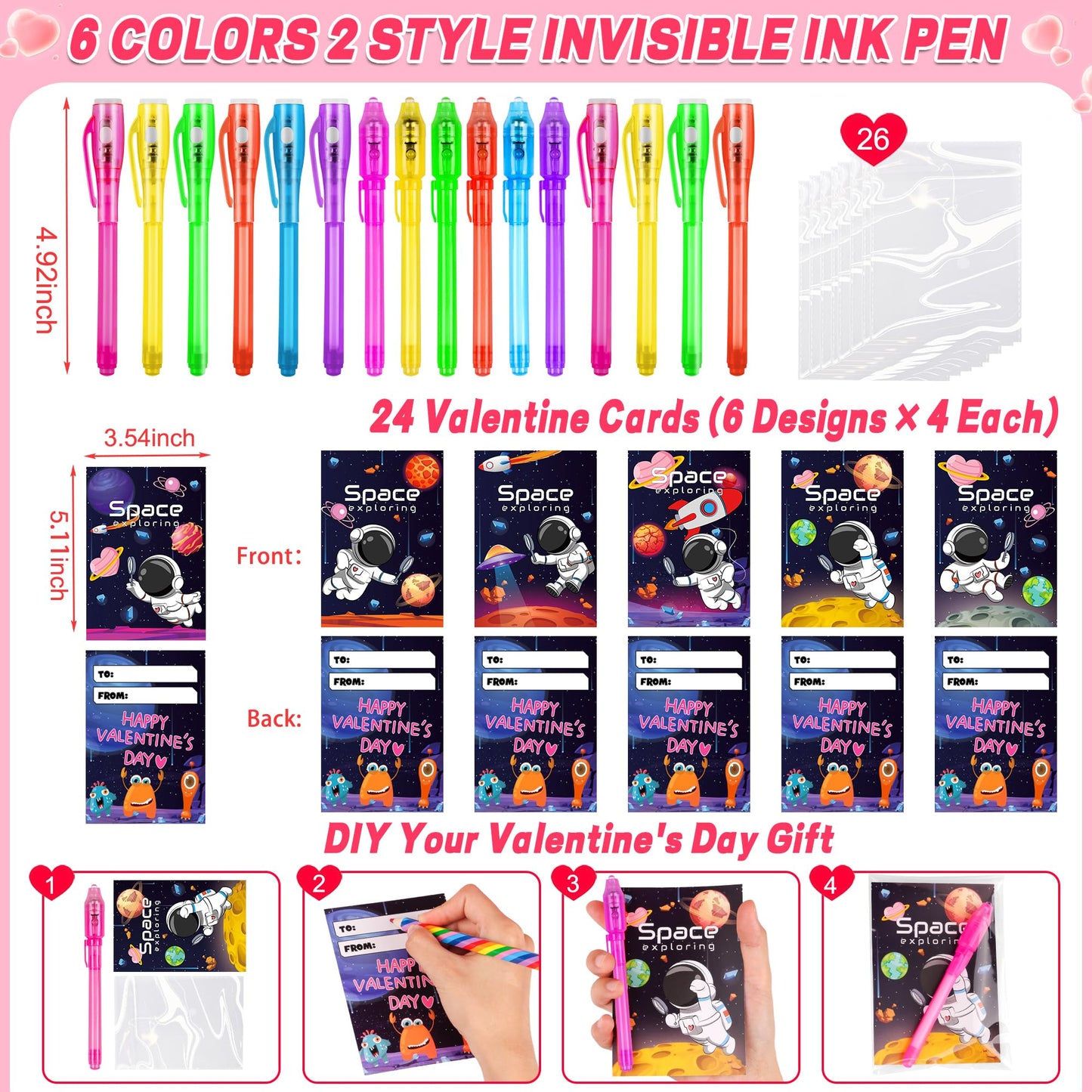 Huyamap 24 Pack Valentines Day Gifts for Kids – LED Invisible Ink Pens & Galaxy Cards
