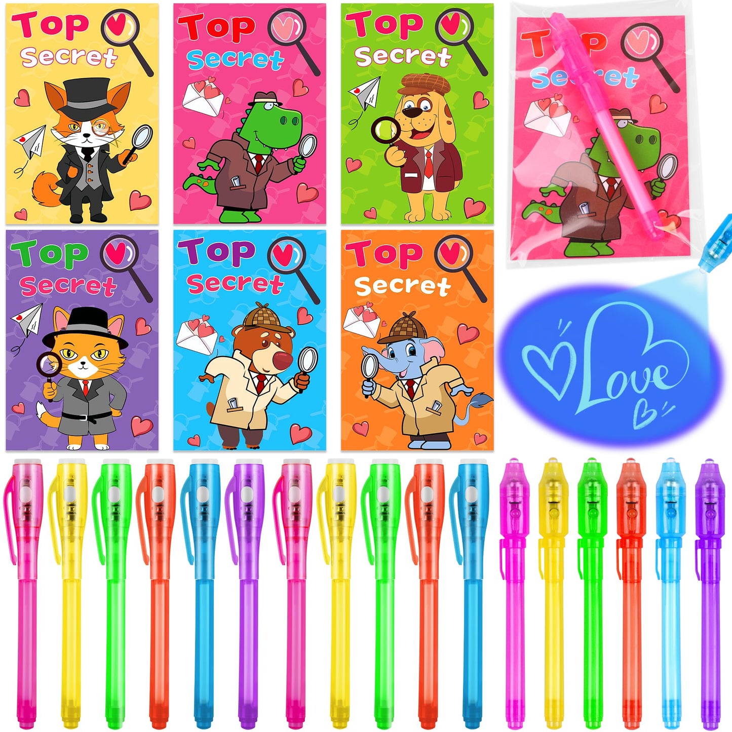 Huyamap 24-Pack Valentines Day Kids Classroom Gift Set | LED Invisible Ink Pens, Animal Detective Cards & Gift Bags