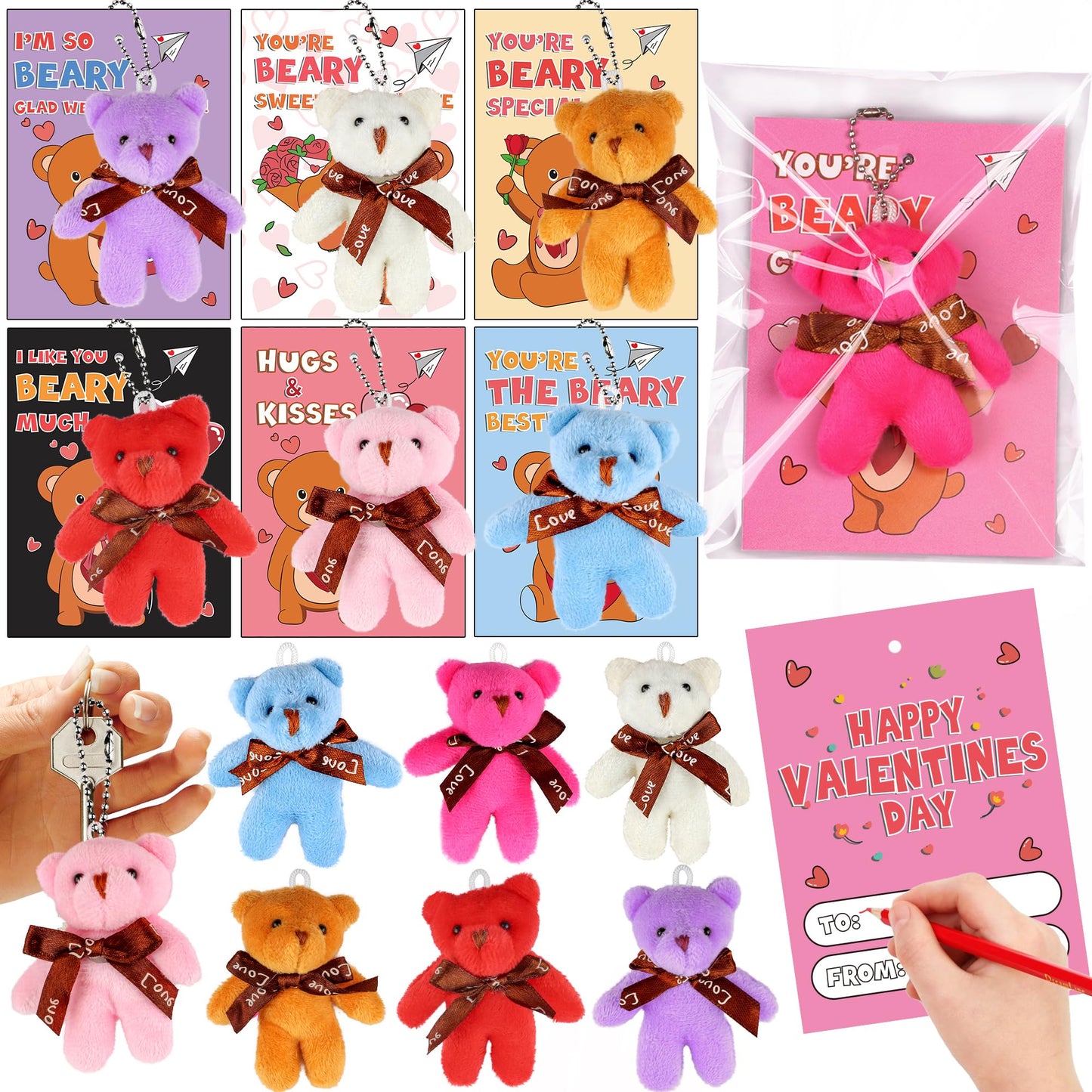 28-Pack Valentines Day Cards with Plush Bear Keychains | Huyamap Classroom Gift Set