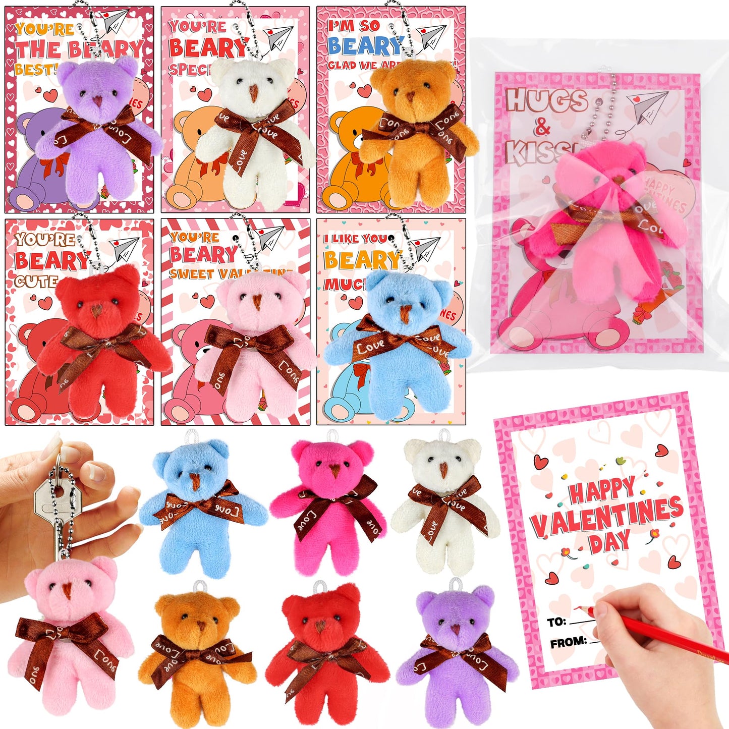 Huyamap 28-Pack Valentine’s Day Gifts for Kids - Plush Bear Keychains & Cards for Classroom Exchanges