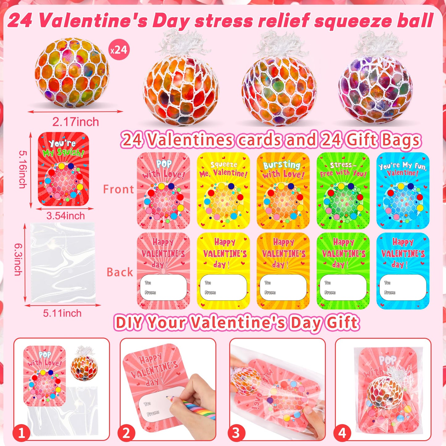 Huyamap 24-Pack Valentines Day Gifts for Kids – Stress Ball Fidget Toys with Cards