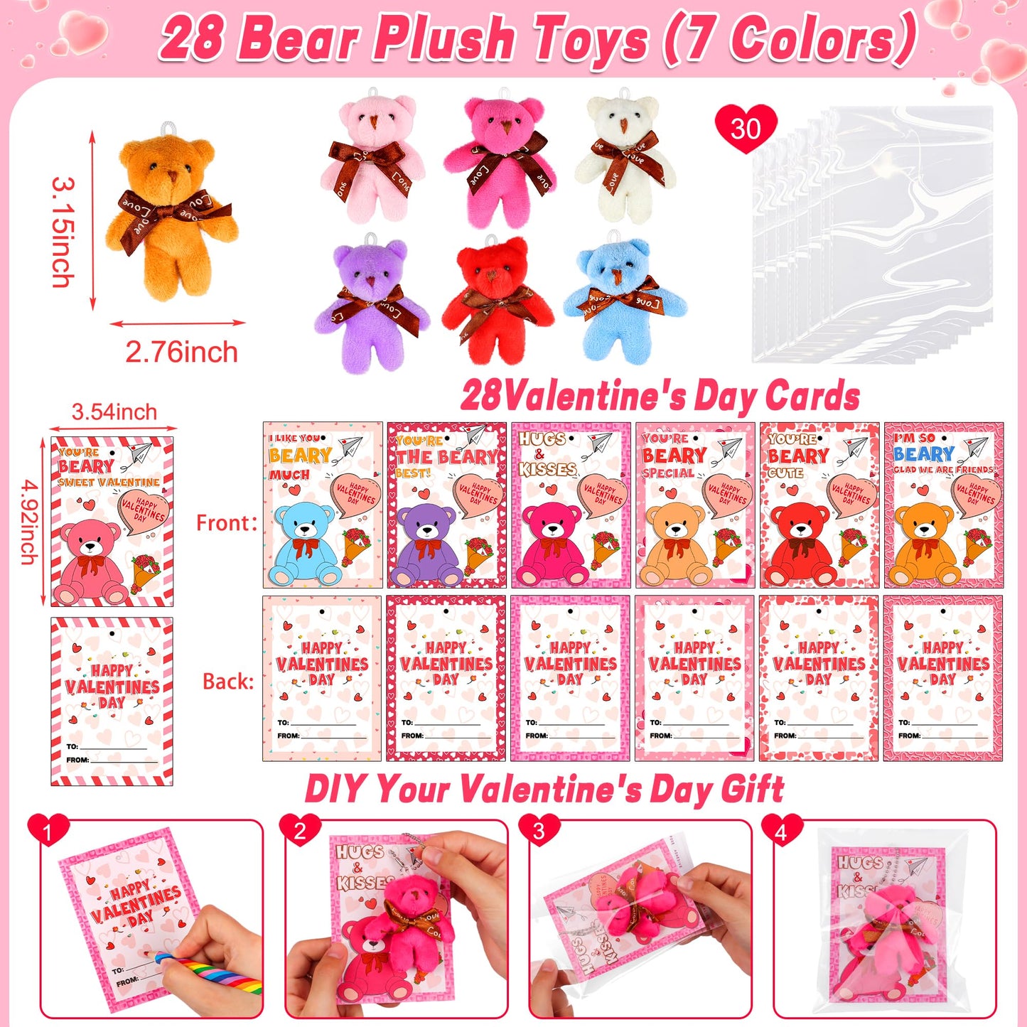 Huyamap 28-Pack Valentine’s Day Gifts for Kids - Plush Bear Keychains & Cards for Classroom Exchanges