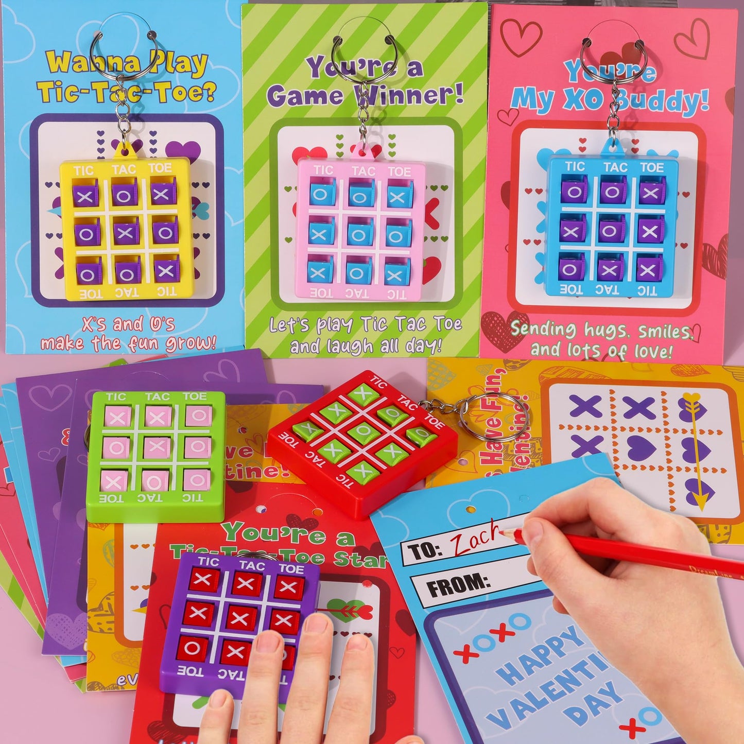 24 Pack Valentines Day Gifts for Kids – Tic Tac Toe Keychains & Cards | Huyamap
