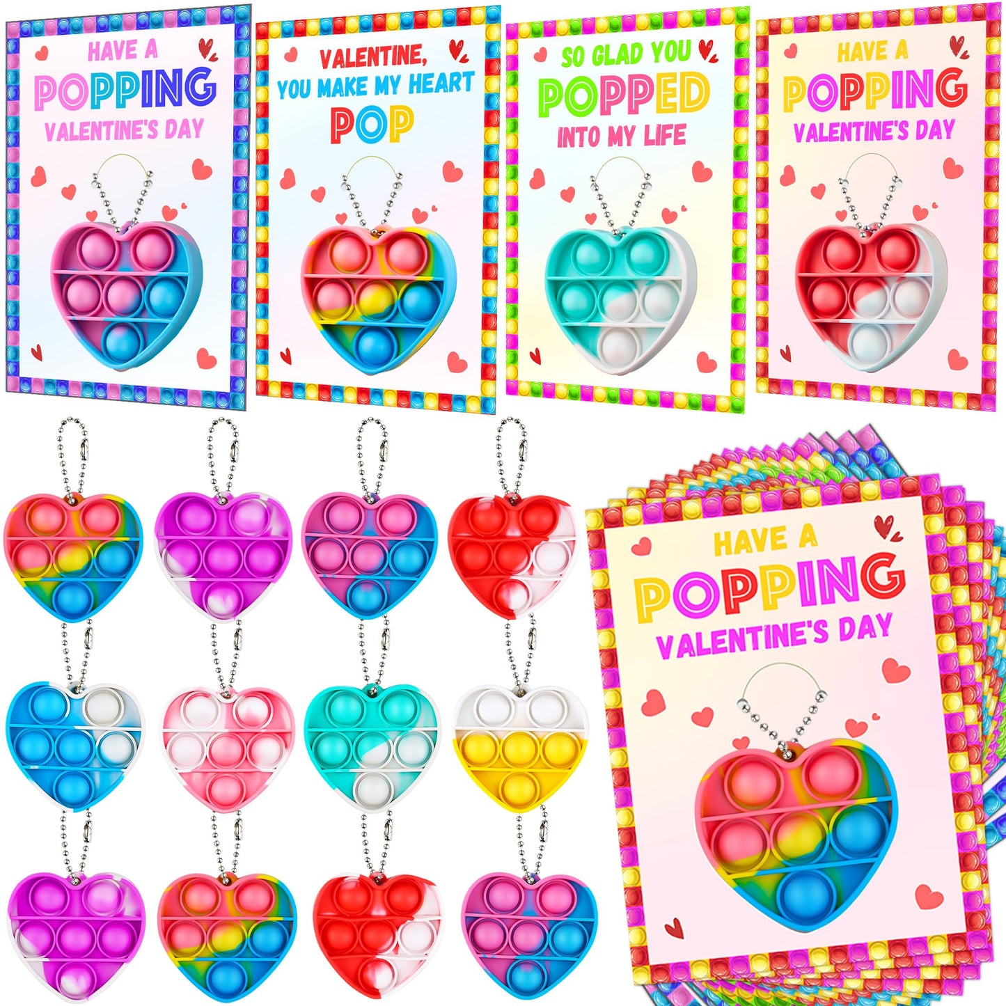 Huyamap 24-Pack Kids Valentines Day Cards with Mini Pop Fidget Keychains