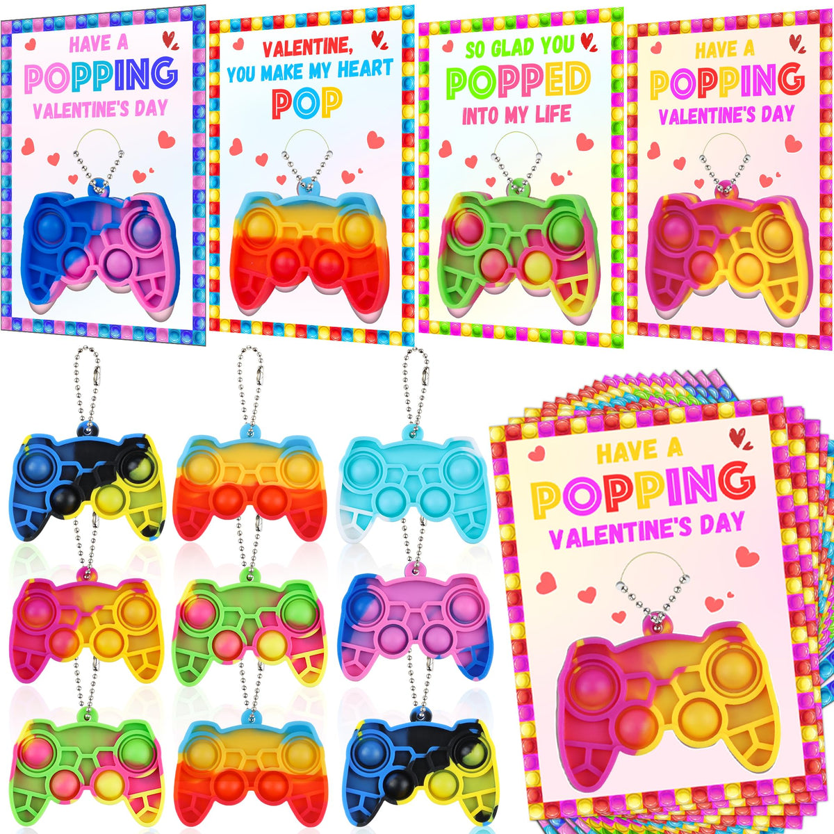 Huyamap 24-Pack Kids Valentines Day Cards with Mini Pop Fidget Keychains – Classroom Gifts