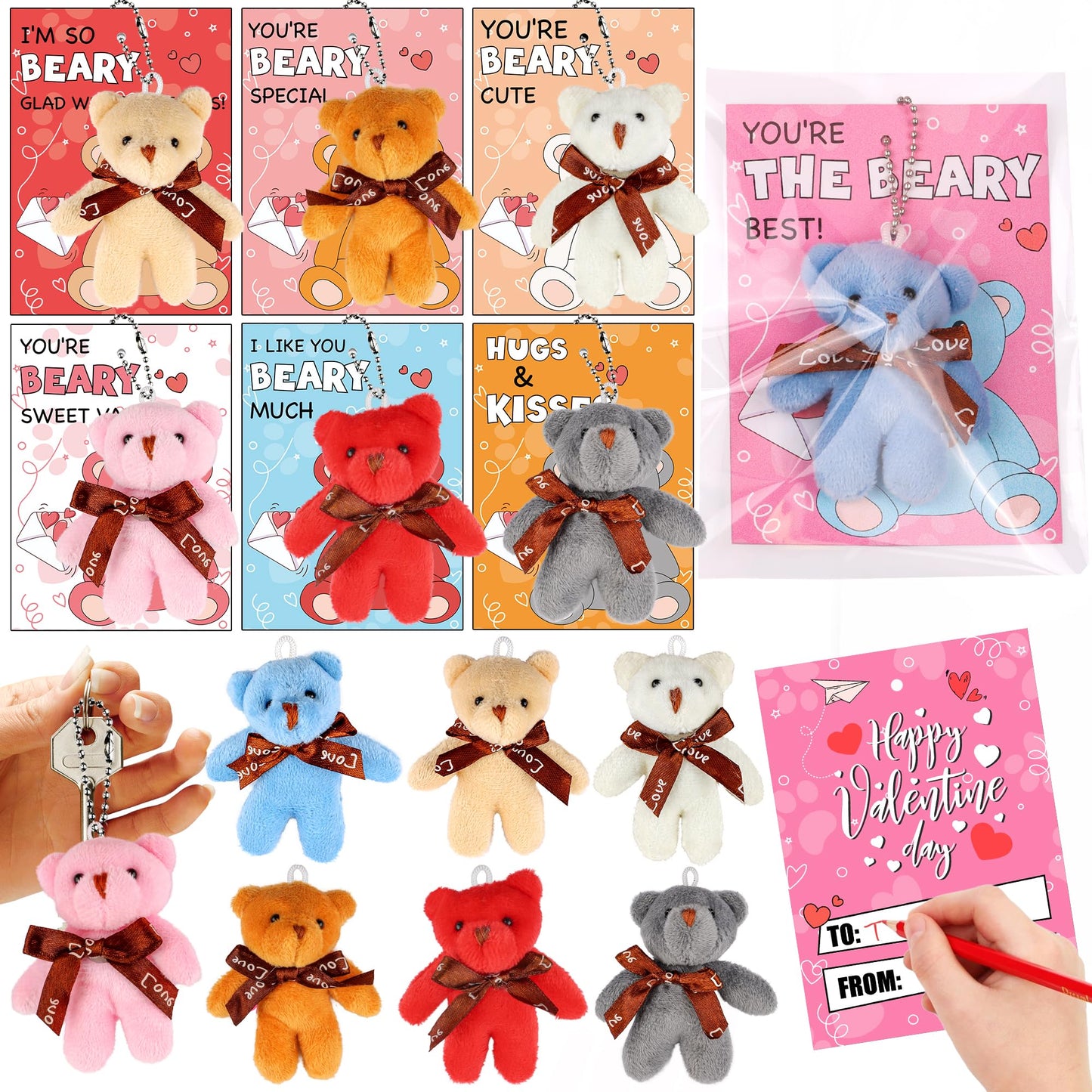 Huyamap 28-Pack Valentine Gifts for Kids | Plush Bear Keychains & Classroom Cards