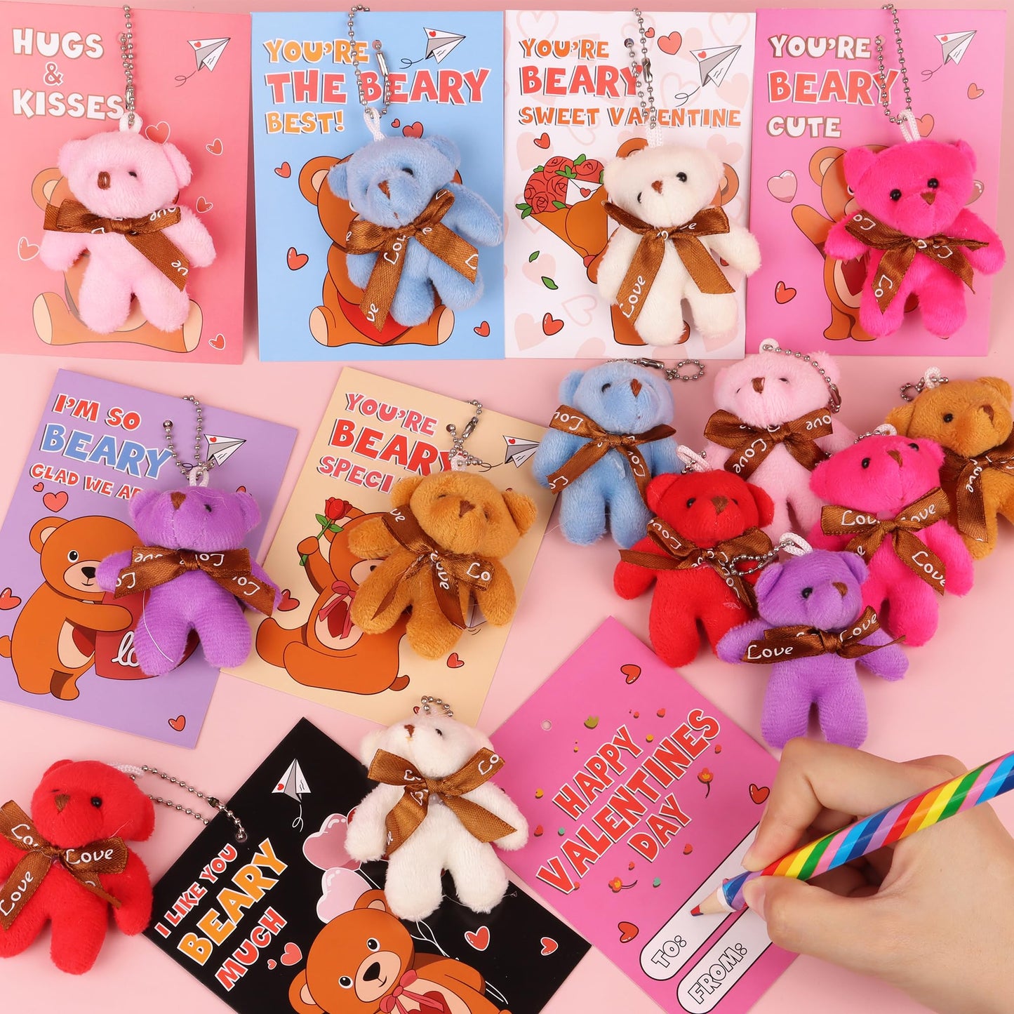 28-Pack Valentines Day Cards with Plush Bear Keychains | Huyamap Classroom Gift Set