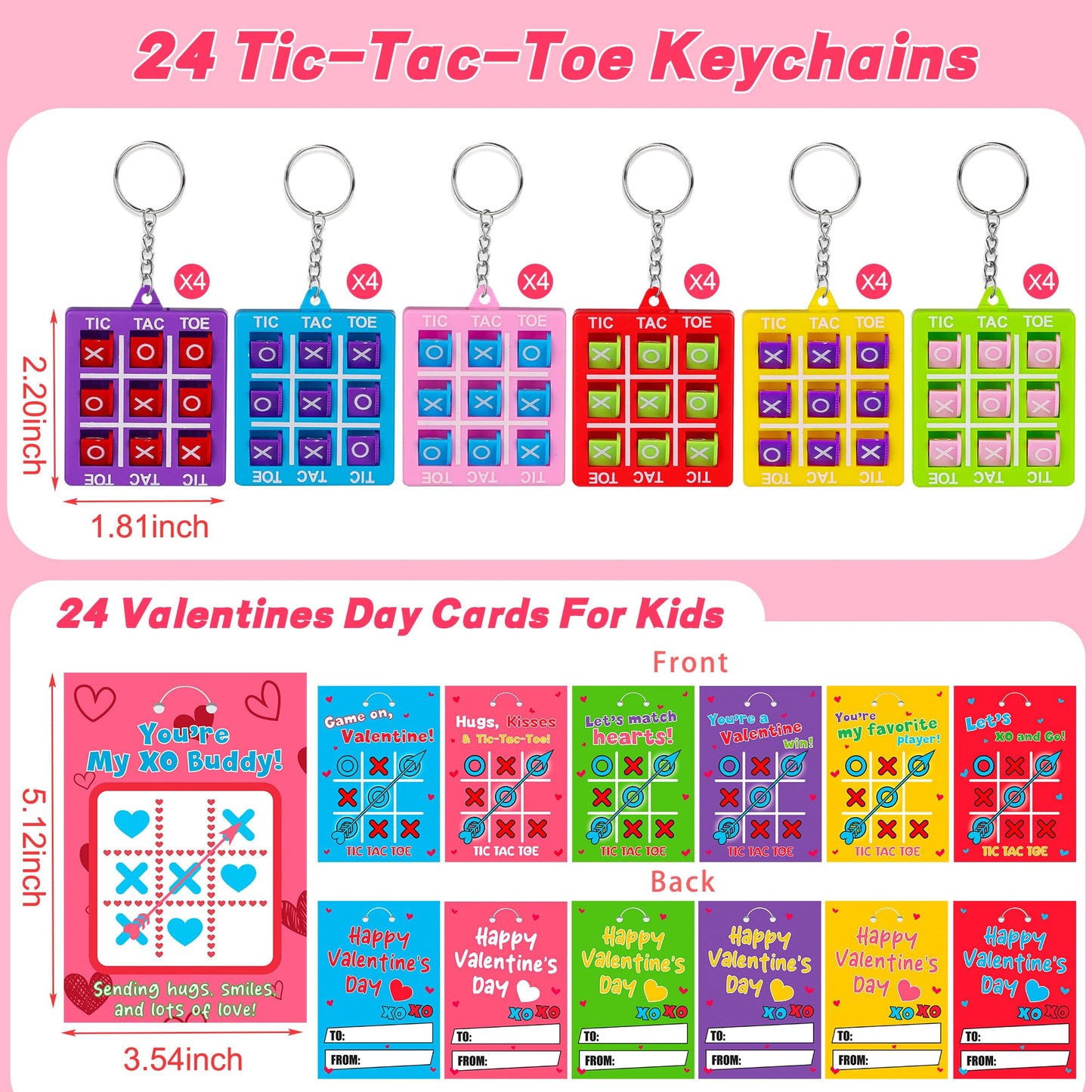 Huyamap 24-Pack Valentines Day Tic Tac Toe Keychains & Cards for Kids