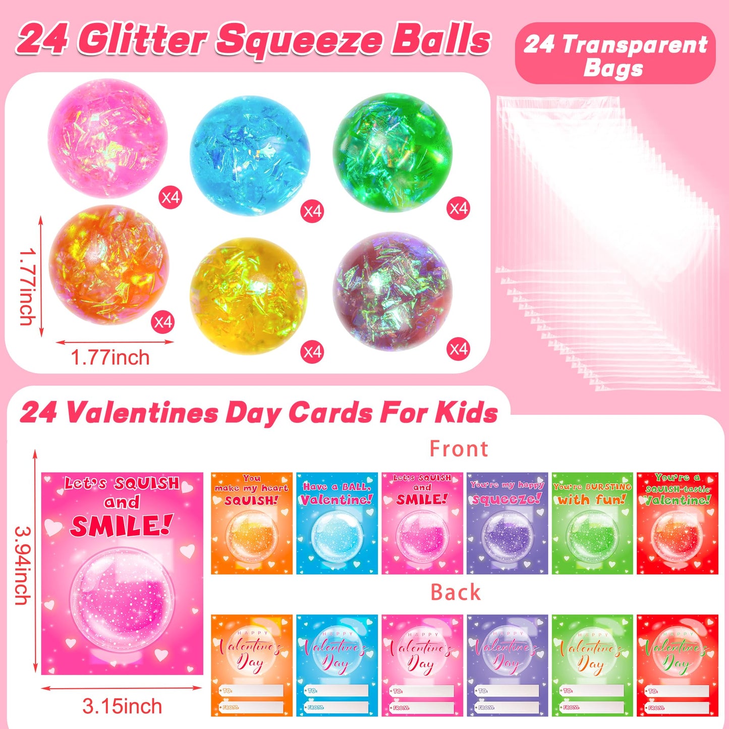 Huyamap 24-Pack Valentines Day Stress Balls with Cards & Bags – Classroom Gift Favors