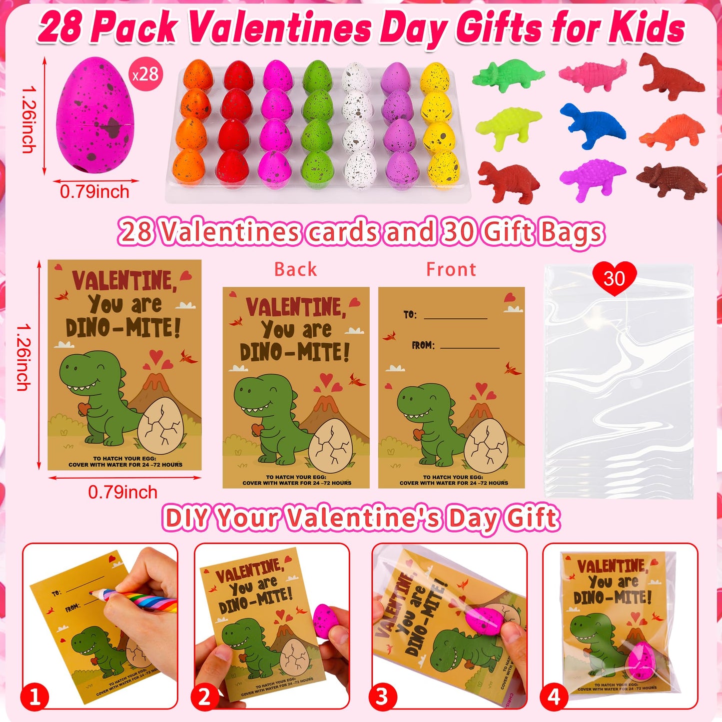 Huyamap 28-Pack Valentine’s Day Gifts for Kids: Dinosaur Egg Hatch Toys with Cards & Party Favors