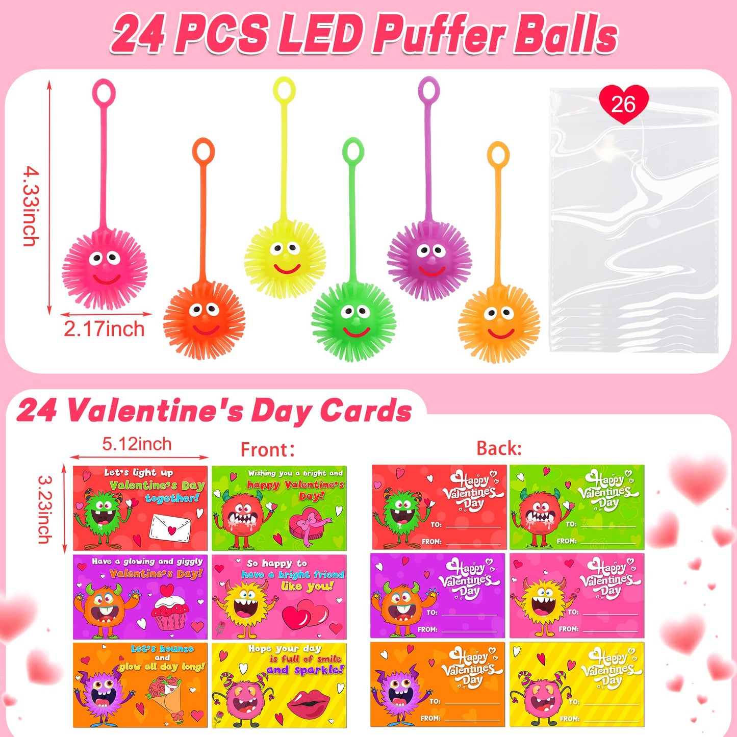 Huyamap 24-Pack Valentines LED Puffer Balls + Cards & Gift Bags | Classroom Gifts