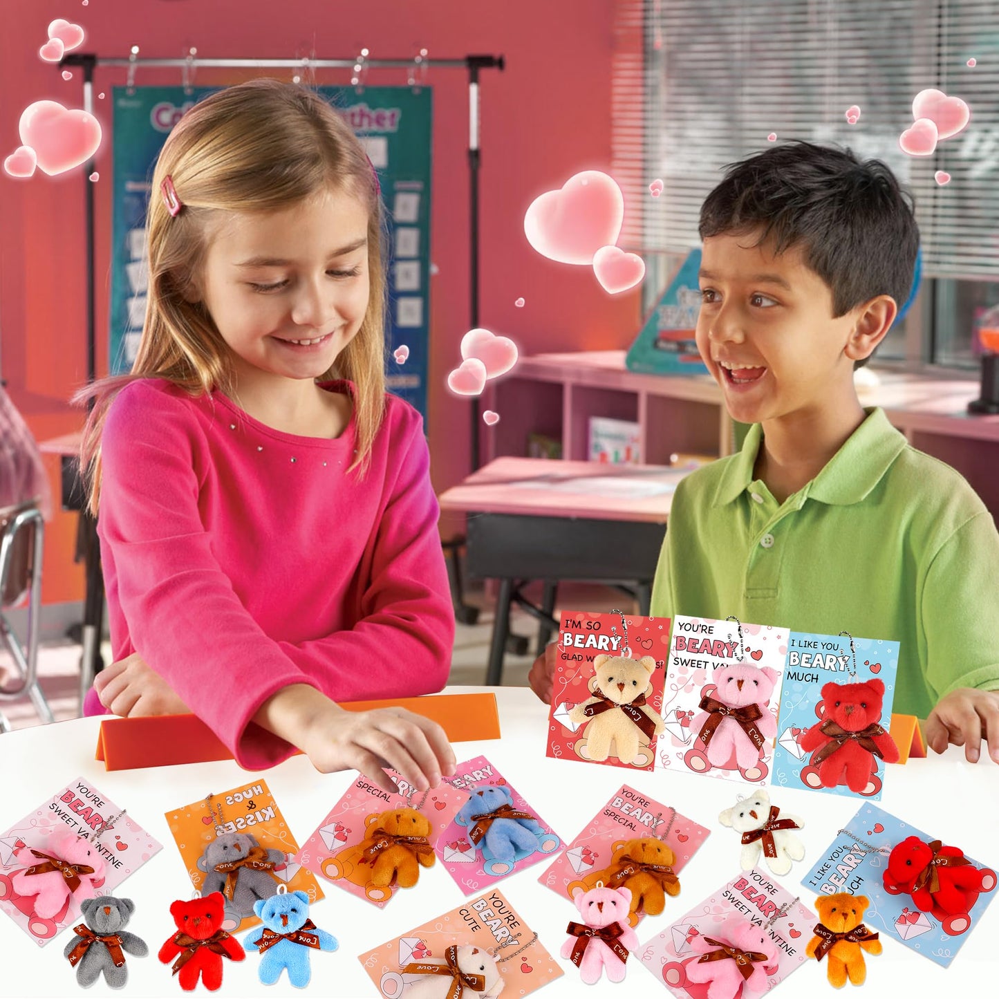 Huyamap 28-Pack Valentine Gifts for Kids | Plush Bear Keychains & Classroom Cards