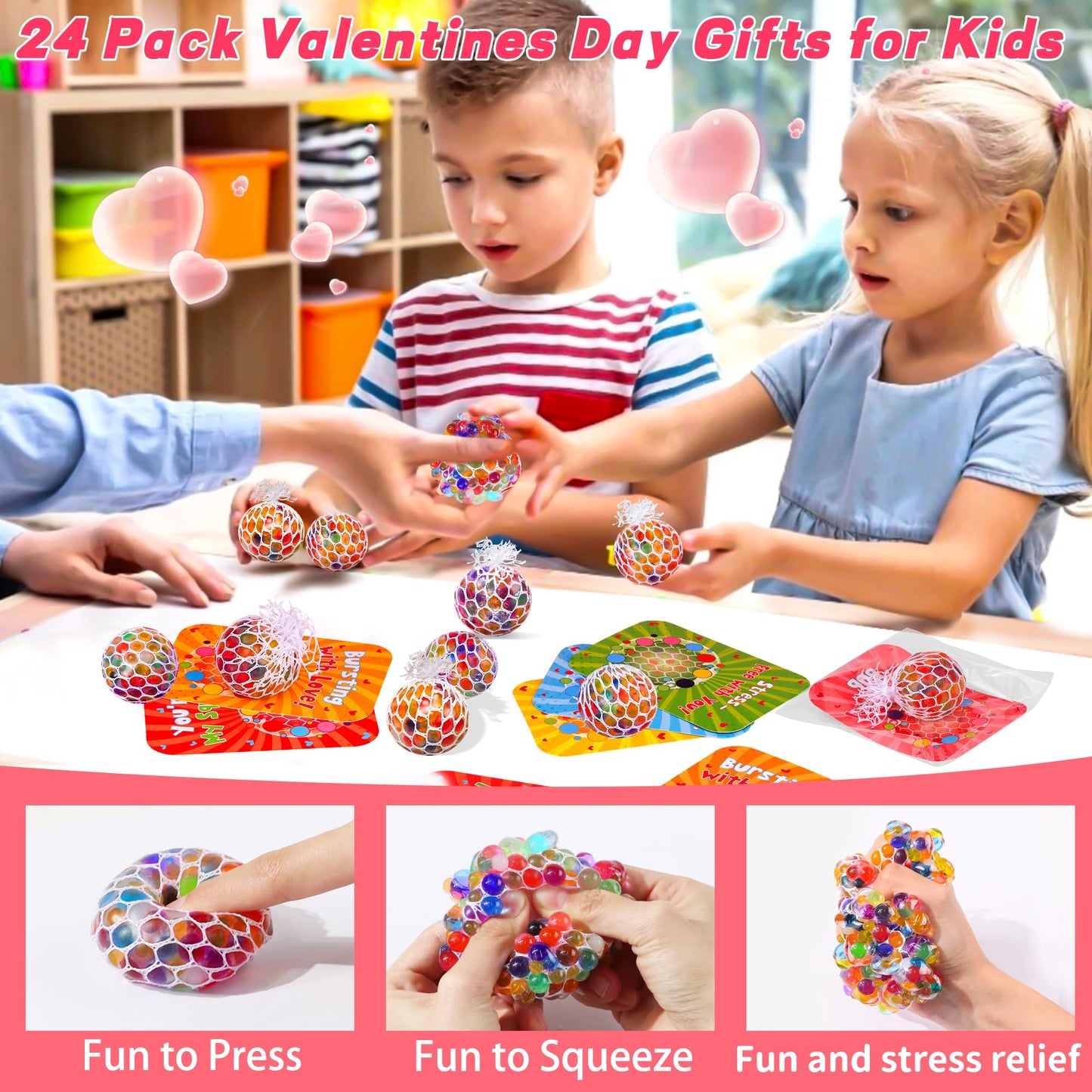 Huyamap 24-Pack Valentines Day Gifts for Kids – Stress Ball Fidget Toys with Cards