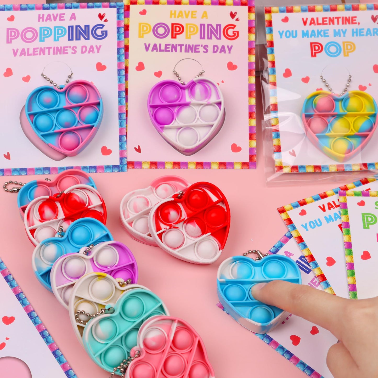 Huyamap 24-Pack Kids Valentines Day Cards with Mini Pop Fidget Keychains