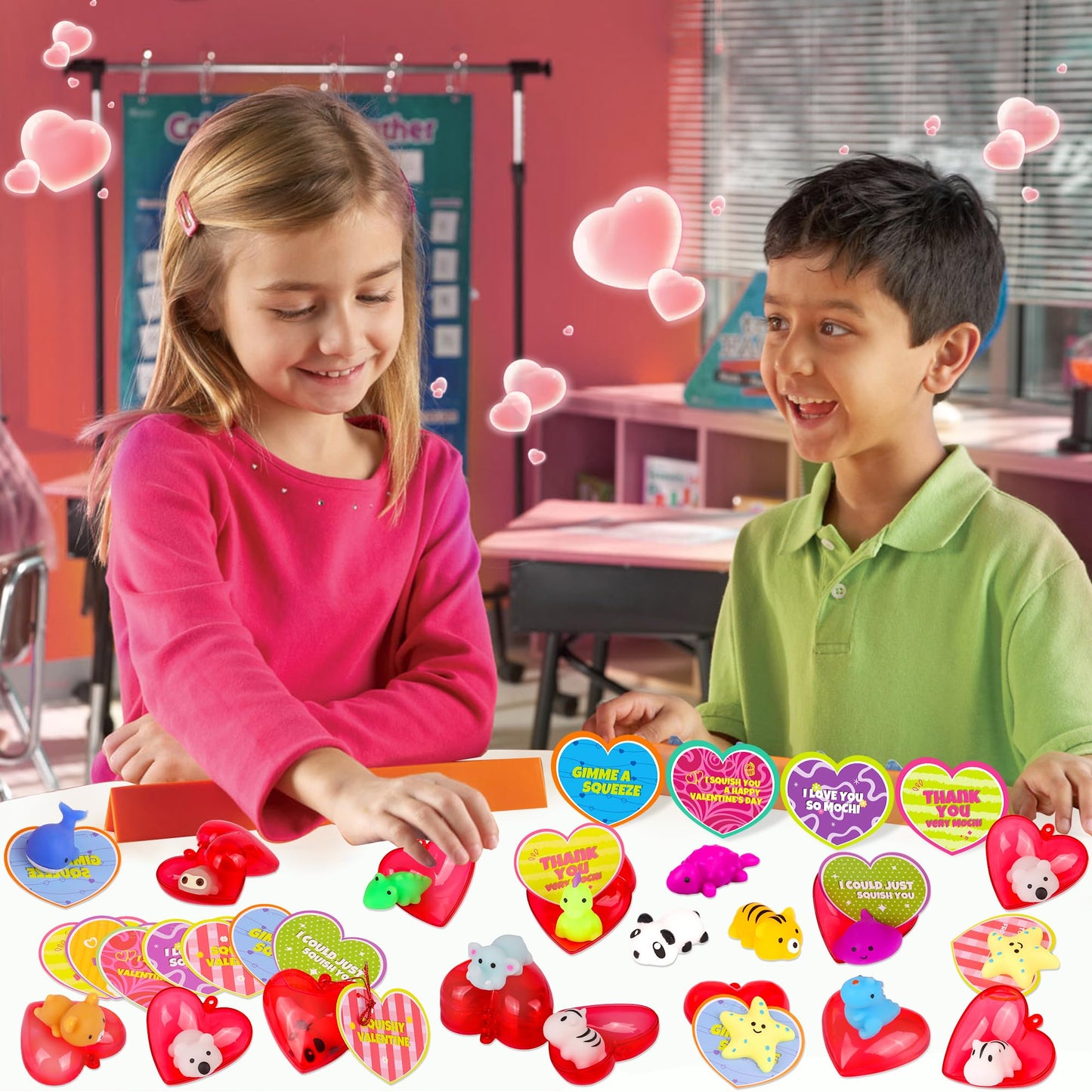 Huyamap 28-Pack Valentines Gifts for Kids – Mochi Squishies, Heart Cards & Classroom Favors