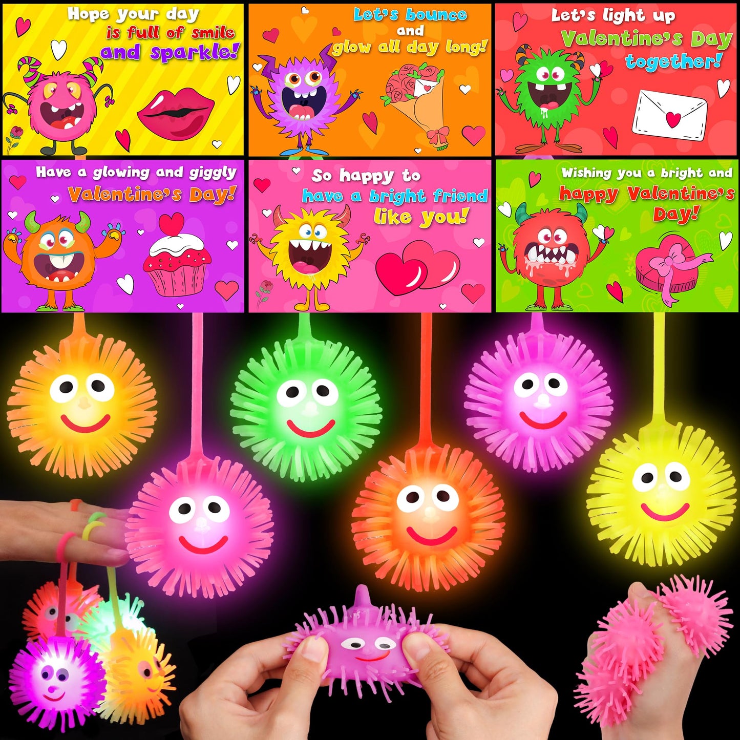 Huyamap 24-Pack Valentines LED Puffer Balls + Cards & Gift Bags | Classroom Gifts