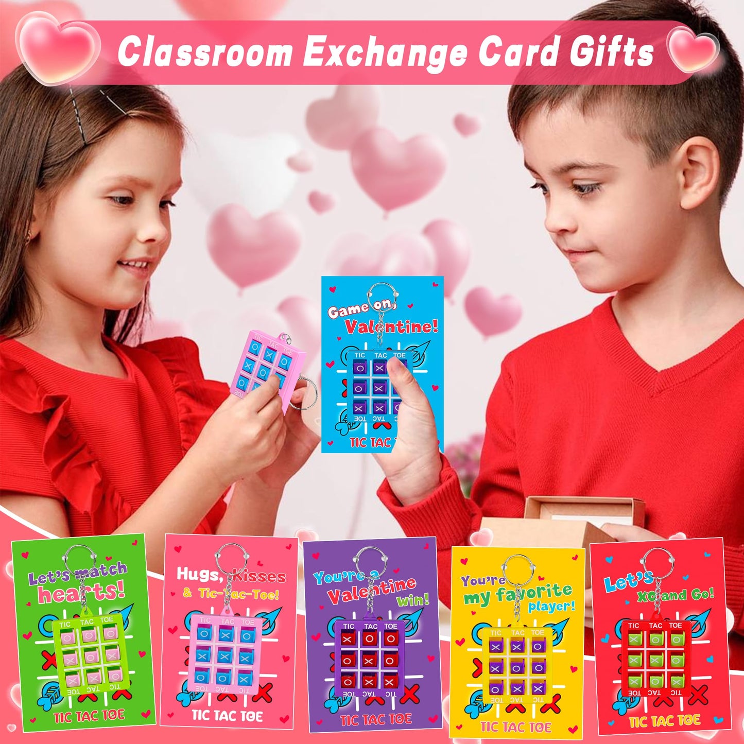 Huyamap 24-Pack Valentines Day Tic Tac Toe Keychains & Cards for Kids