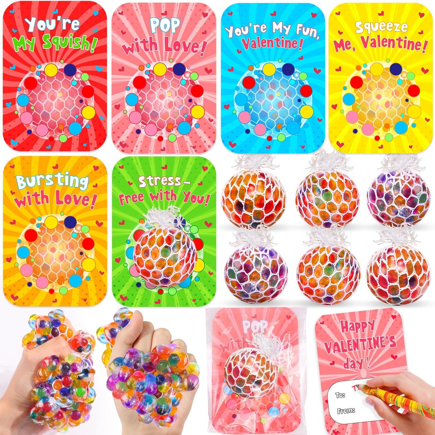 Huyamap 24-Pack Valentines Day Gifts for Kids – Stress Ball Fidget Toys with Cards