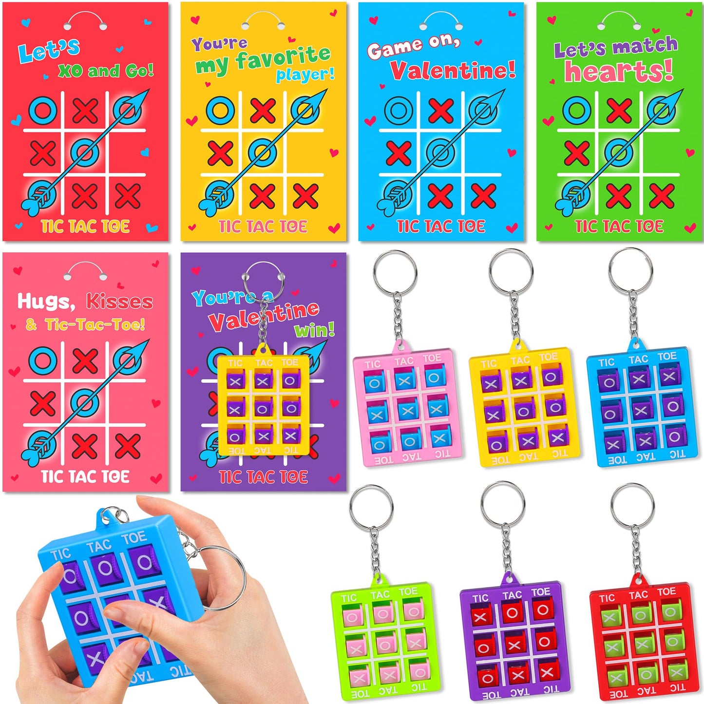 Huyamap 24-Pack Valentines Day Tic Tac Toe Keychains & Cards for Kids