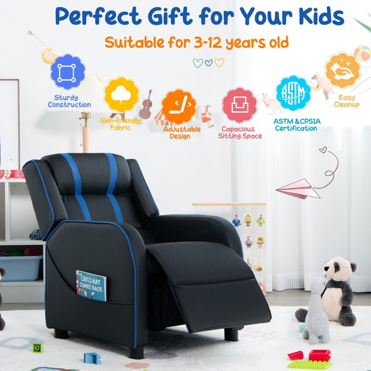 Kids Recliner Chair with Adjustable Backrest Footrest & Side Pockets-Pink