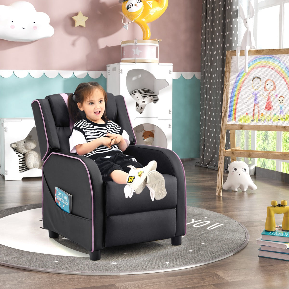 Kids Recliner Chair with Adjustable Backrest Footrest & Side Pockets-Pink