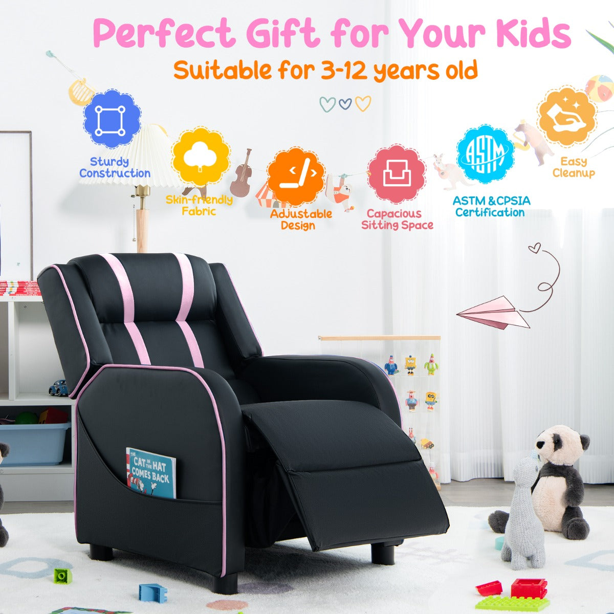 Kids Recliner Chair with Adjustable Backrest Footrest & Side Pockets-Pink