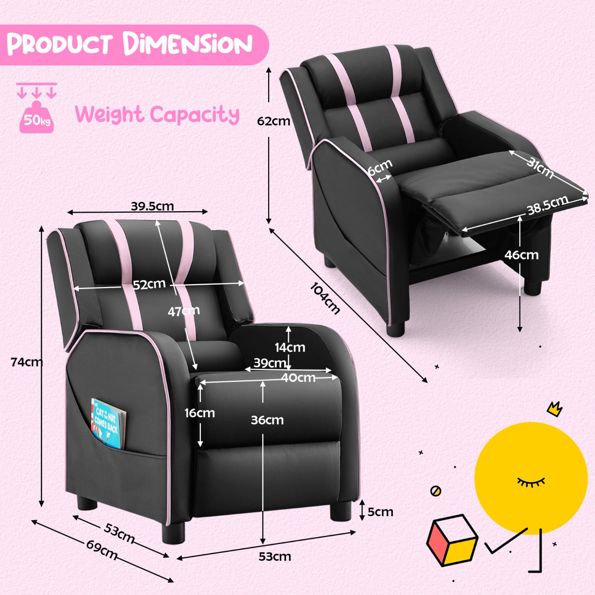 Kids Recliner Chair with Adjustable Backrest Footrest & Side Pockets-Pink