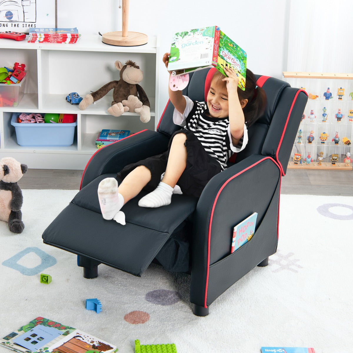Kids Recliner Chair with Adjustable Backrest Footrest & Side Pockets-Pink